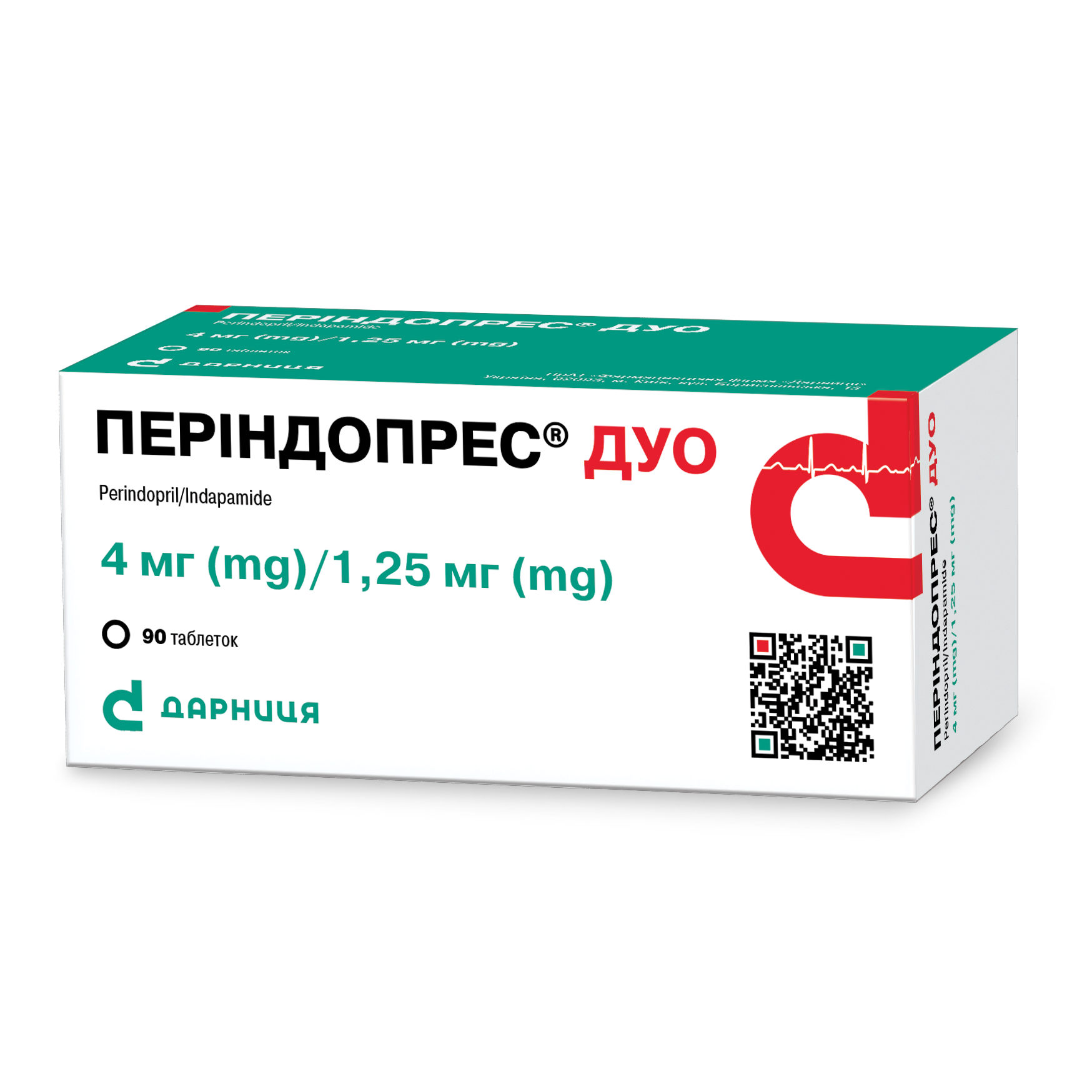 ПЕРІНДОПРЕС® ДУО, таблетки по 4 мг/1,25 мг, по 10 таблеток у блістері,по 9 блістери в пачці
